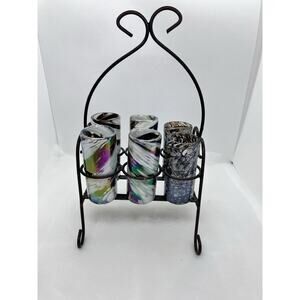 Set of 6 Mexican Hand Blown Swirl shot glasses and Metal Carrier, holder
